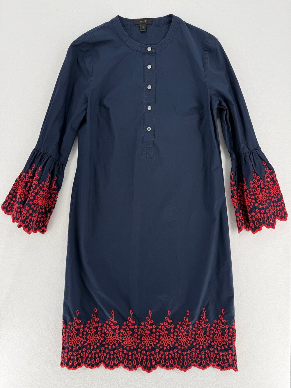 J.Crew Women XXS Navy Red Embroidered Eyelet Bell Sleeve Shift Dress